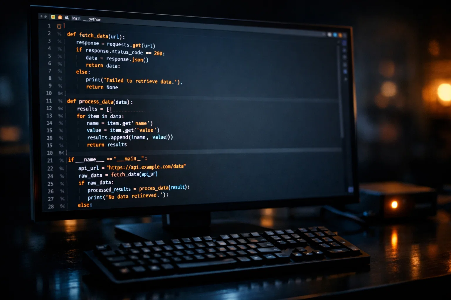 Code-Editor mit API-Skript für automatisierte Sportwetten auf einem Monitor