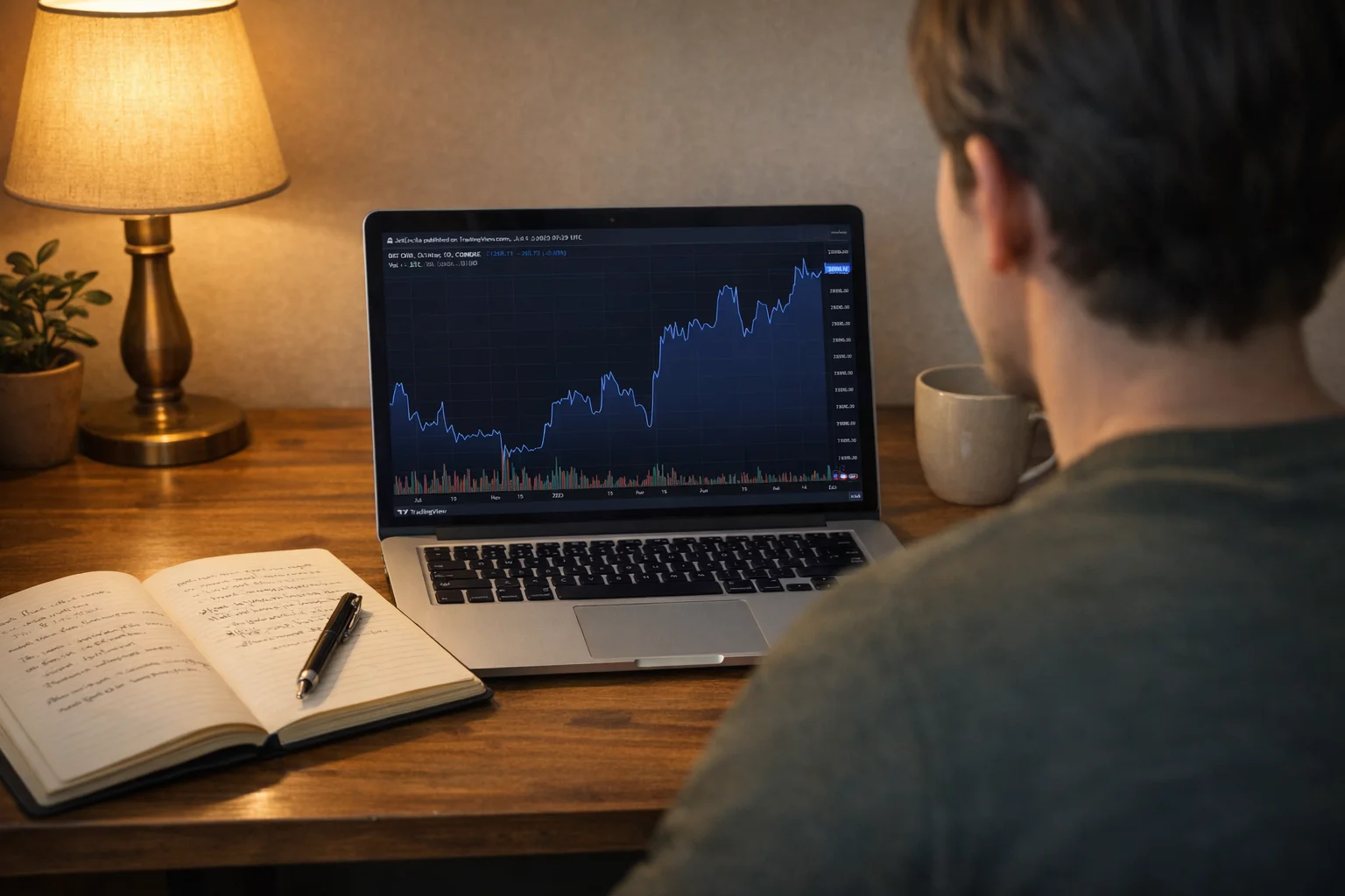 Person plant Wettstrategie am Schreibtisch mit Notizblock und Laptop