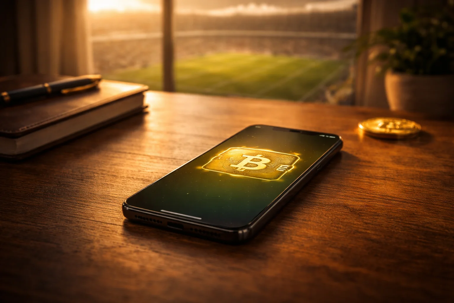 Smartphone mit Bitcoin-Symbol neben einem Fußballfeld bei Abendlicht – Sportwetten mit Krypto