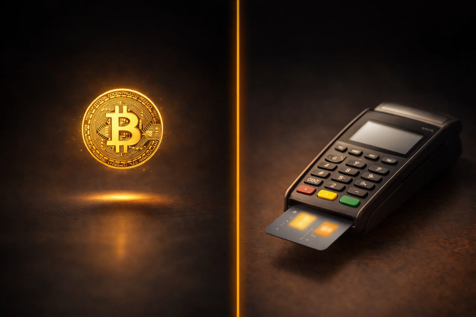 Vergleichsgrafik: Bitcoin-Logo und Kreditkartensymbol nebeneinander auf einem Schreibtisch