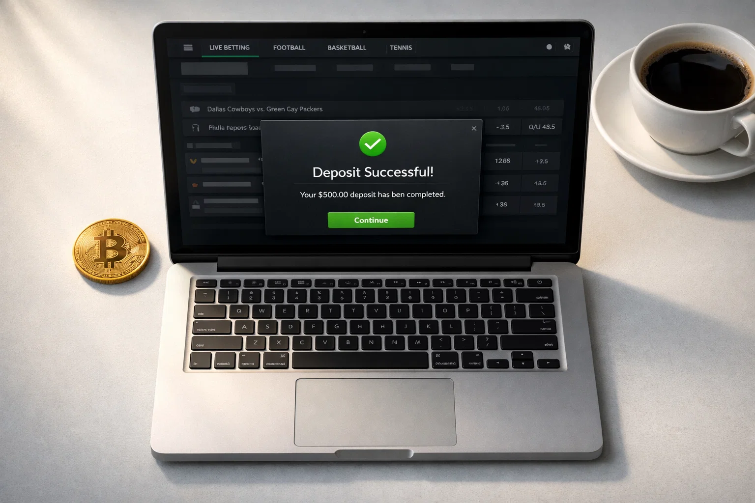 Laptop-Bildschirm mit einer Bitcoin-Transaktion auf einem Sportwetten-Konto